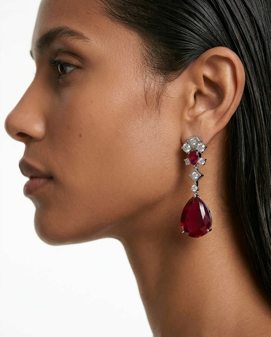 Azra Ruby Diamond-Like Zircon Statement Necklace Set — worn on model — Prerto