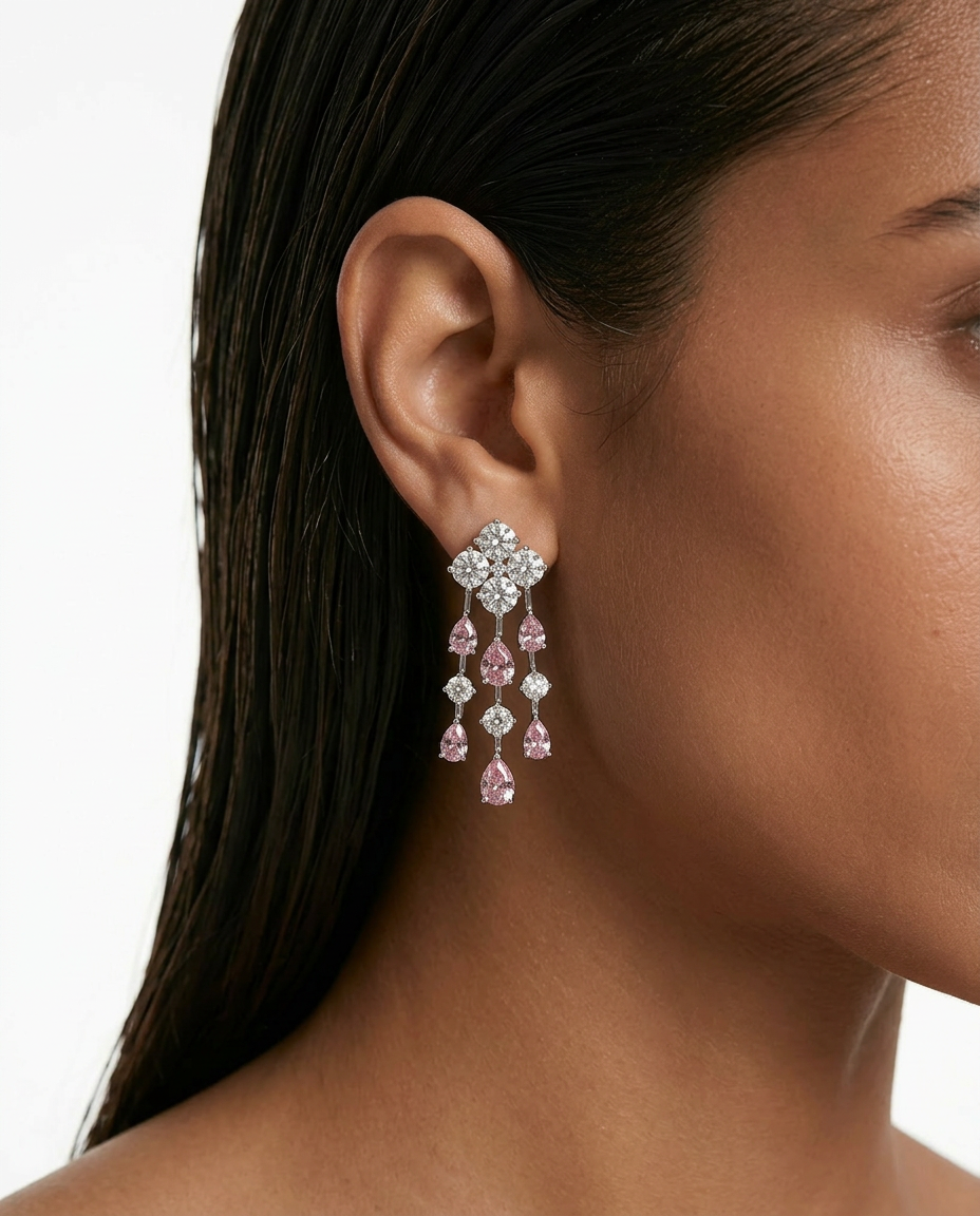 Medha Diamond-Like Zircon Pink Diamond Single Line Necklace Set — worn on model — Prerto