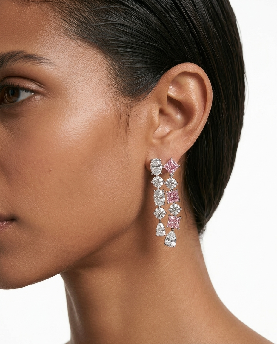 Niharika Zircon Ovals Pink Diamond Statement Necklace Set — worn on model — Prerto