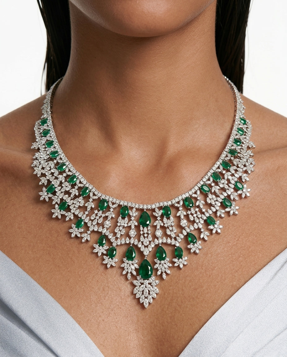 Jahnavi Emerald Diamond-Like Zircon Pavé Necklace Set by Prerto