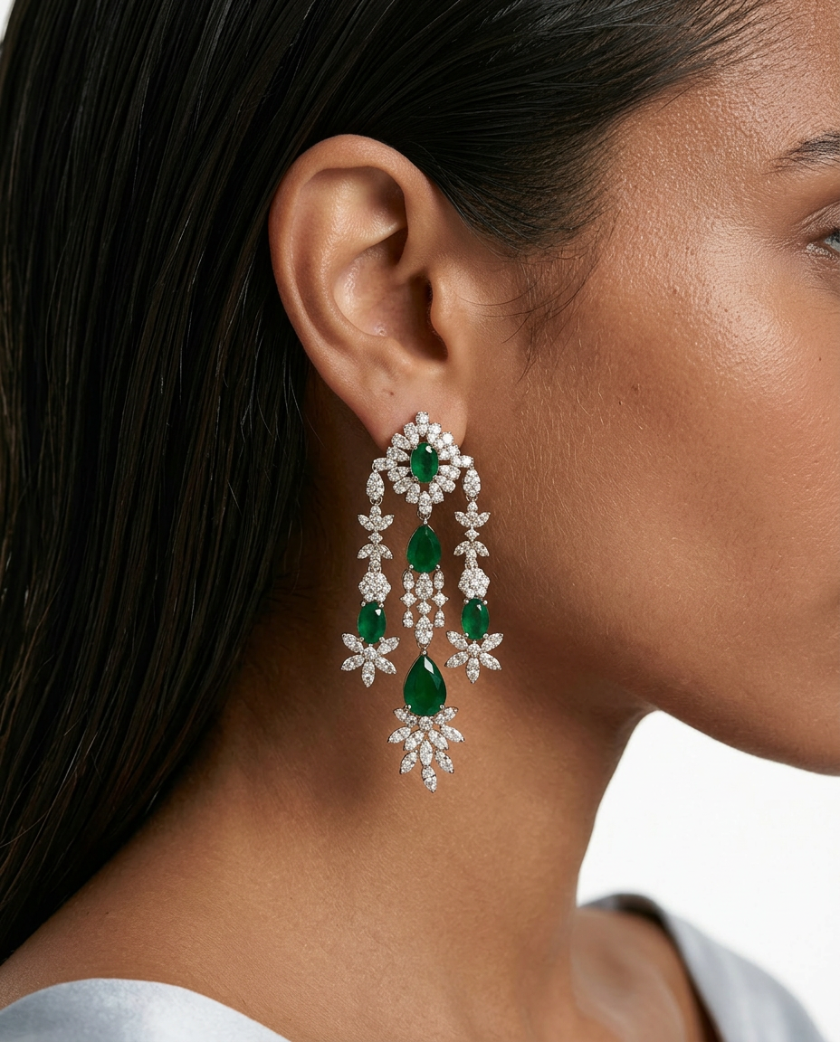Jahnavi Emerald Diamond-Like Zircon Pavé Necklace Set — worn on model — Prerto