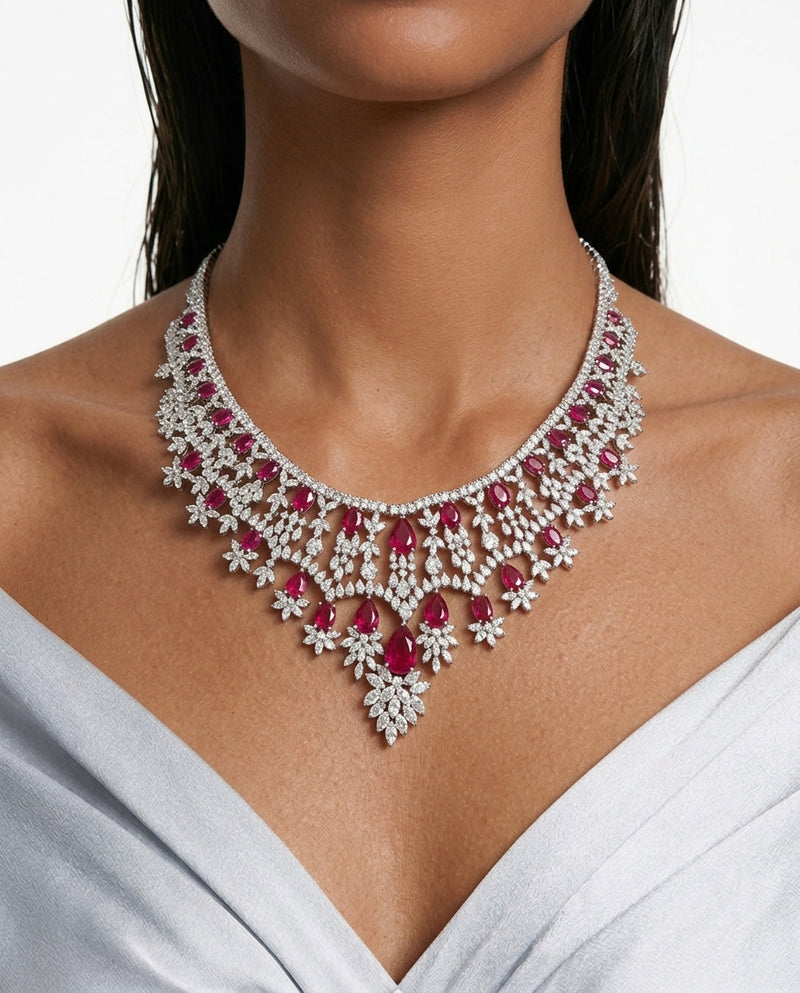 Jahnavi Ruby Diamond-Like Zircon Pavé Necklace Set by Prerto