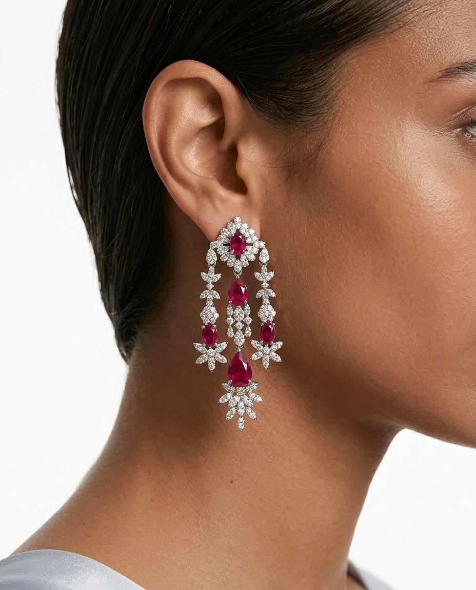 Vaanya Ruby Drops & Diamond-Like Zircon Single Line Statement Necklace Set & Jahnavi Ruby and Diamond-Like Zircon Compressed Setting Statement Necklace Set (Maharani Set)