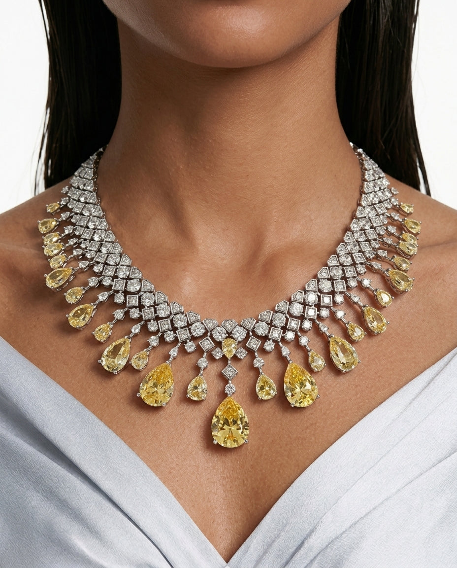 Azra Citrine Diamond-Like Zircon Statement Necklace Set by Prerto