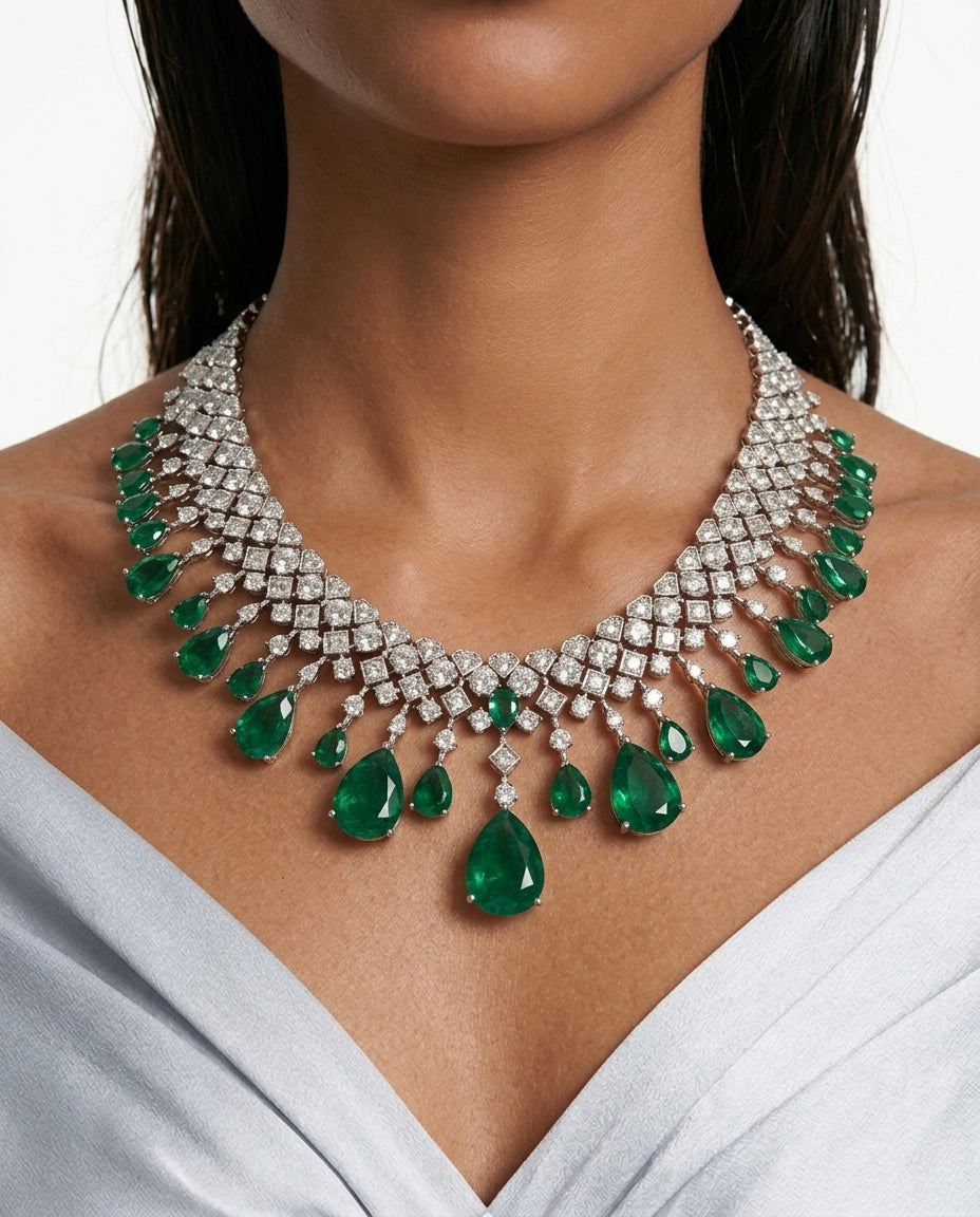 Azra Emerald Diamond-Like Zircon Statement Necklace Set by Prerto