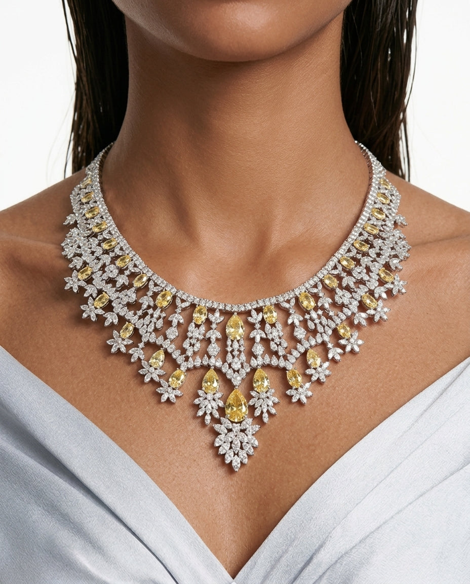 Vaanya Citrine Drops & Diamond-Like Zircon Single Line Statement Necklace & Jahnavi Citrine and Diamond-Like Zircon Compressed Setting Statement Necklace (Maharani Set)