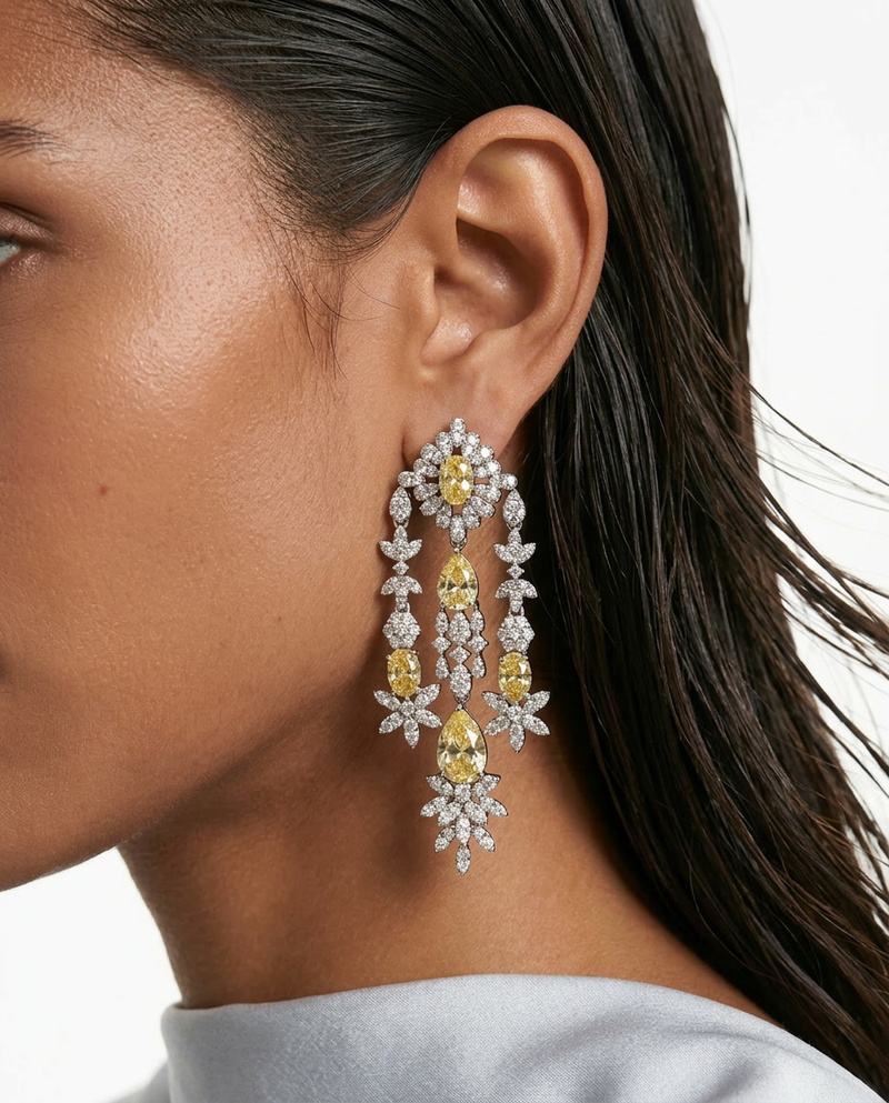 Jahnavi Citrine Diamond-Like Zircon Pavé Necklace Set — worn on model — Prerto