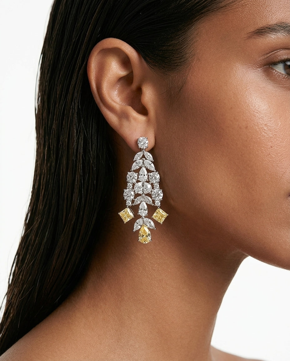 Saanvi Diamond-Like Zircon Citrine Drops Necklace Set — worn on model — Prerto
