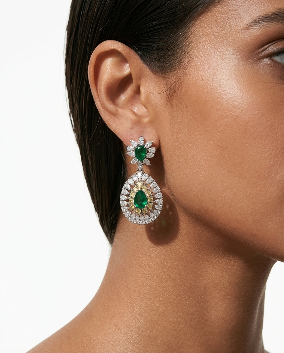 Ishani Citrine Emerald Zircon Diamond Pendant Necklace Set — worn on model — Prerto