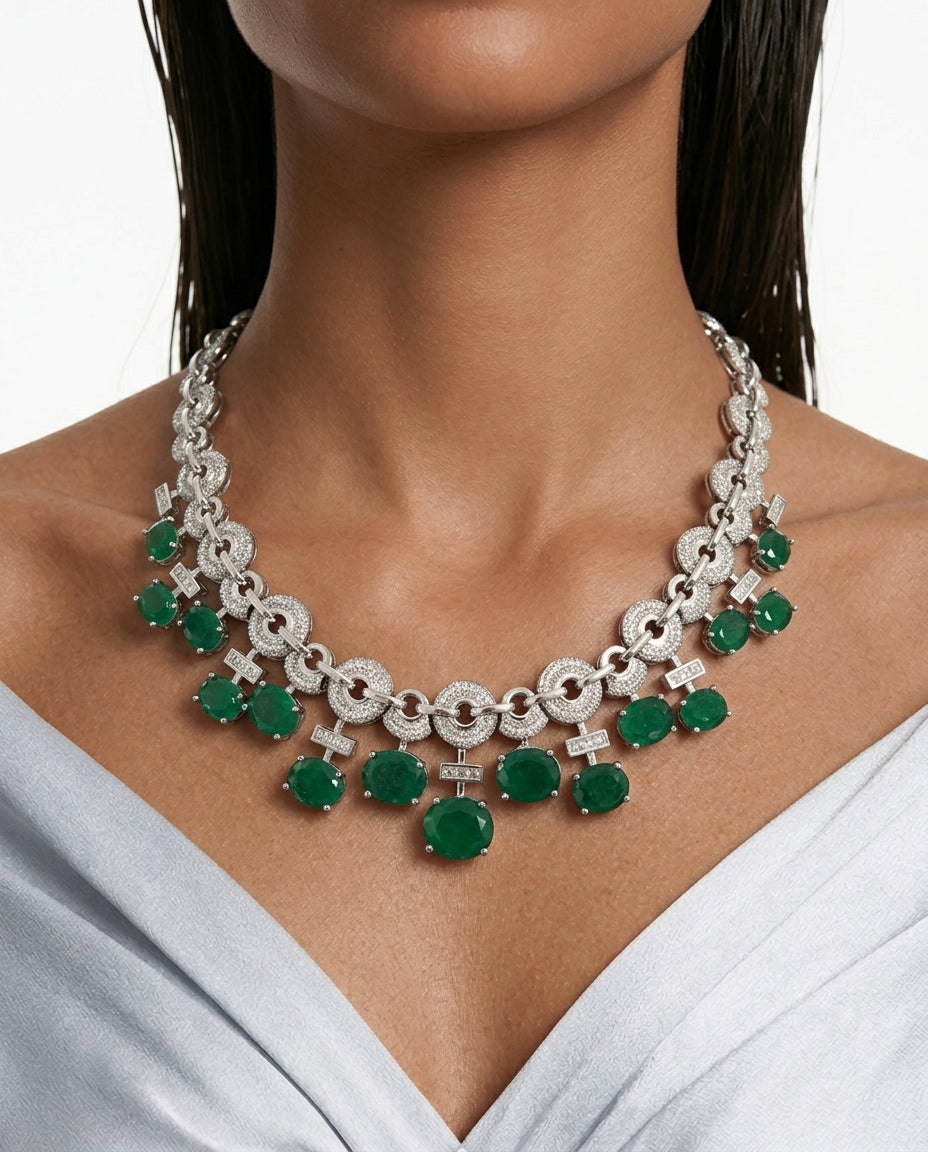 Noorain Emerald Diamond-Like Zircon Statement Necklace Set by Prerto