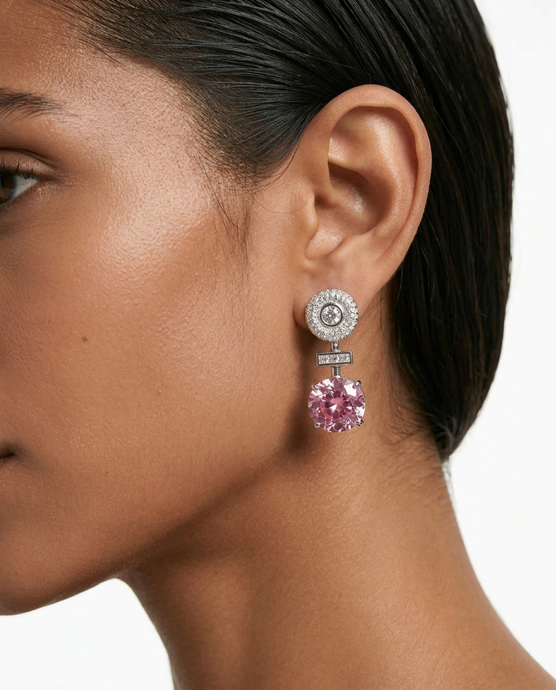 Noorain Ruby Pink Diamond Zircon Statement Necklace Set — worn on model — Prerto
