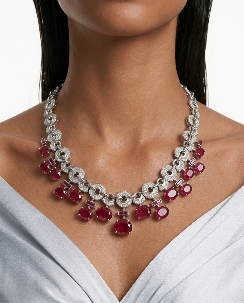 Noorain Ruby Diamond-Like Zircon Statement Necklace Set by Prerto