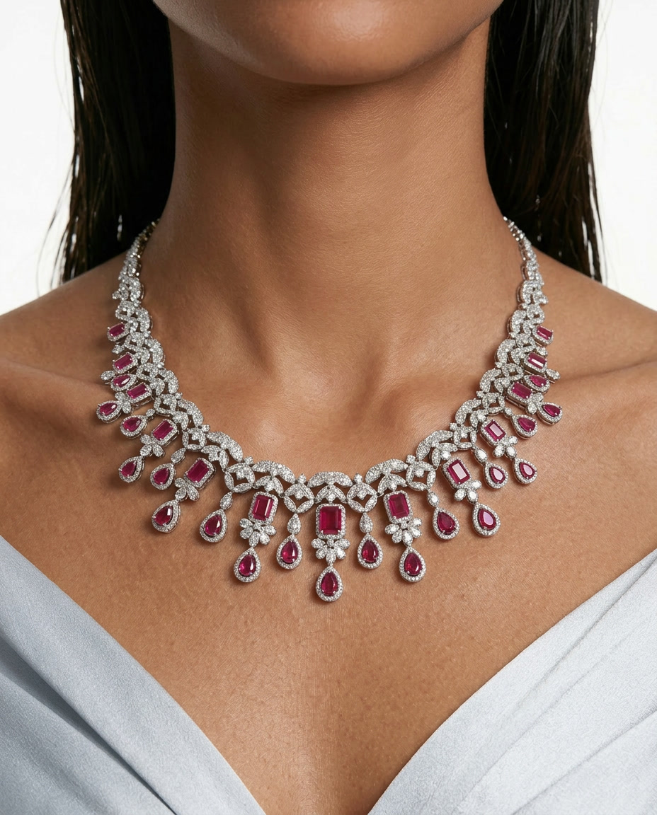 Aarvi Diamond-Like Zircon Ruby Statement Necklace Set by Prerto