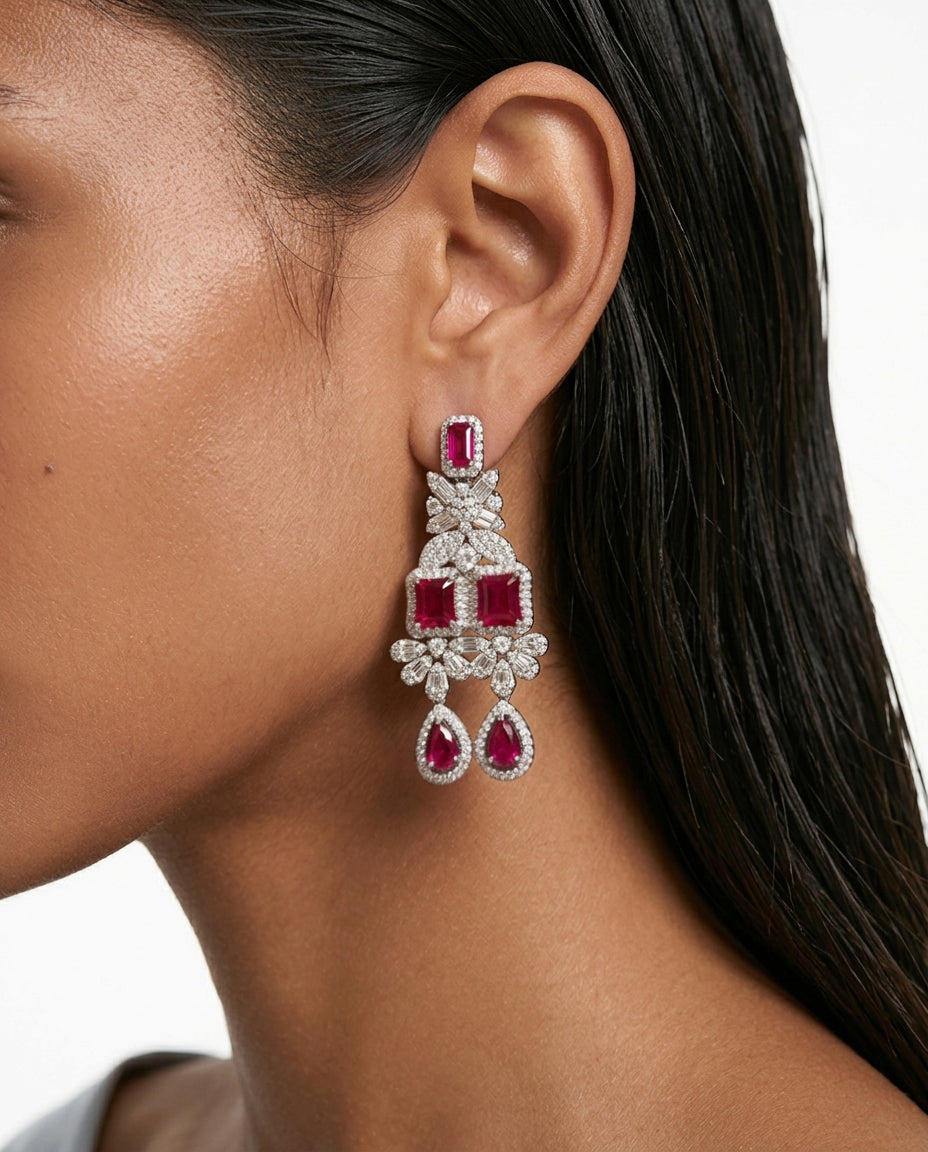 Aarvi Diamond-Like Zircon Ruby Statement Necklace Set — worn on model — Prerto