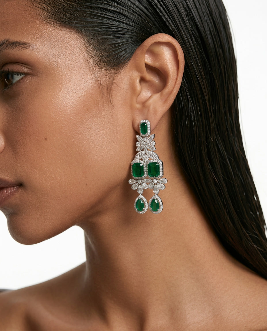 Aarvi Diamond-Like Zircon Emerald Statement Necklace Set — worn on model — Prerto