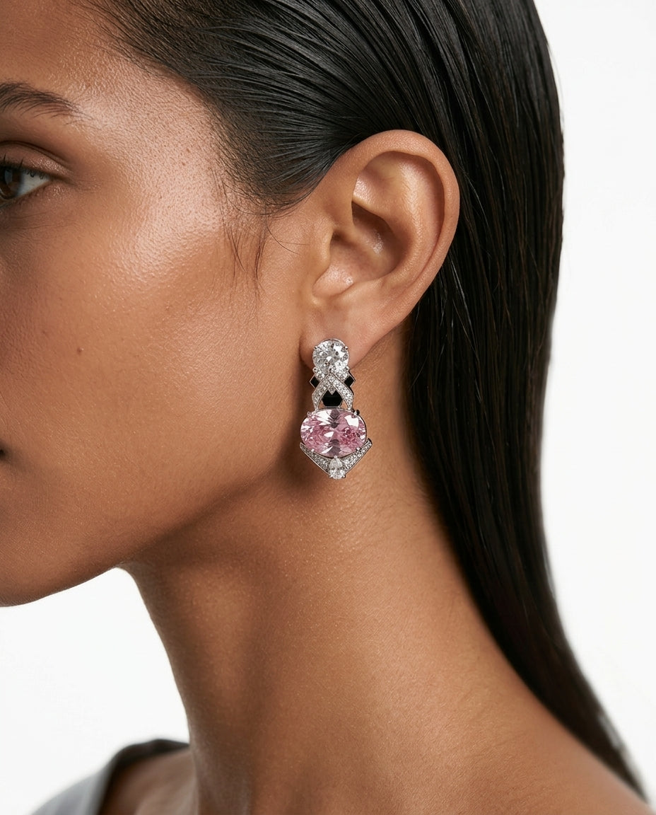 Aarohi Pink Diamond Zircon Enamel Necklace Set — worn on model — Prerto