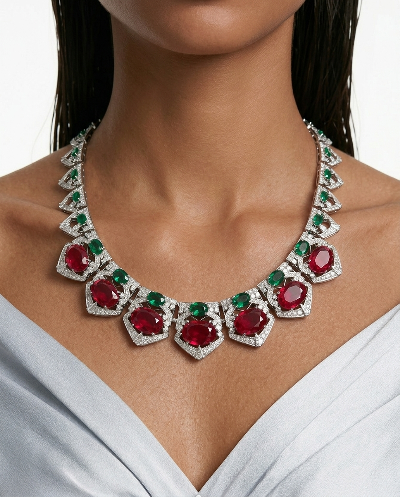 Maharani Aarohi Emerald, Ruby and Diamond-Like Zircon with Enamel Detailing Necklace Set (Necklace & Earrings)