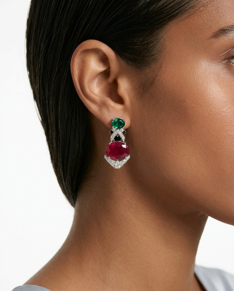 Maharani Aarohi Emerald Ruby Enamel Necklace Set — earrings detail view, by Prerto