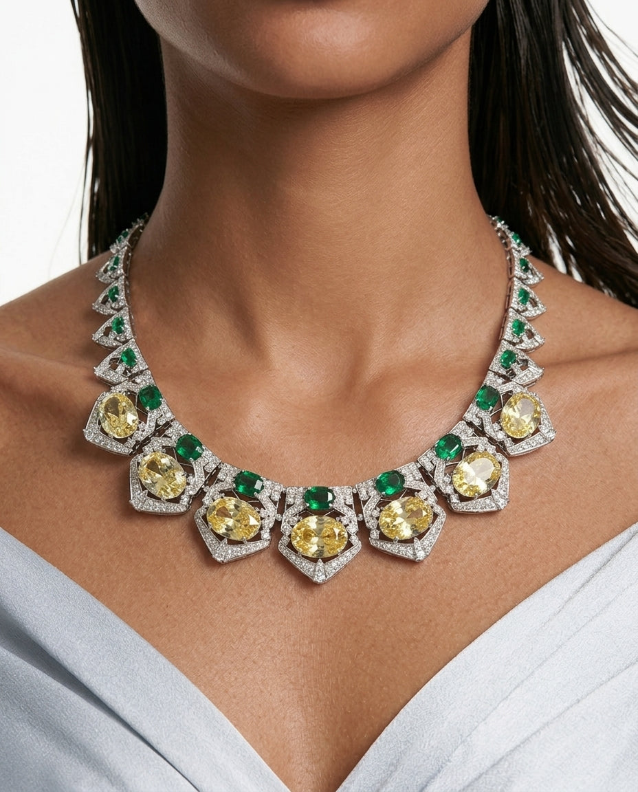 Maharani Aarohi Emerald, Citrine and Diamond-Like Zircon with Enamel Detailing Necklace Set (Necklace & Earrings)