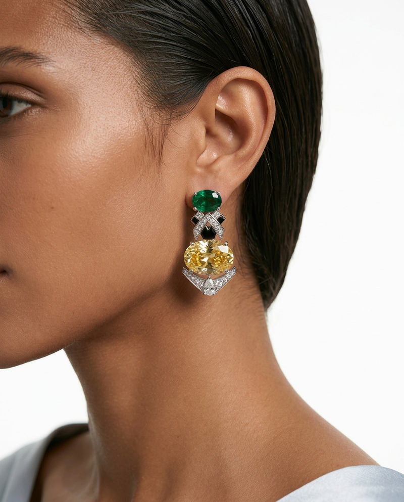 Aarohi Emerald Citrine Zircon Enamel Necklace Set — worn on model — Prerto