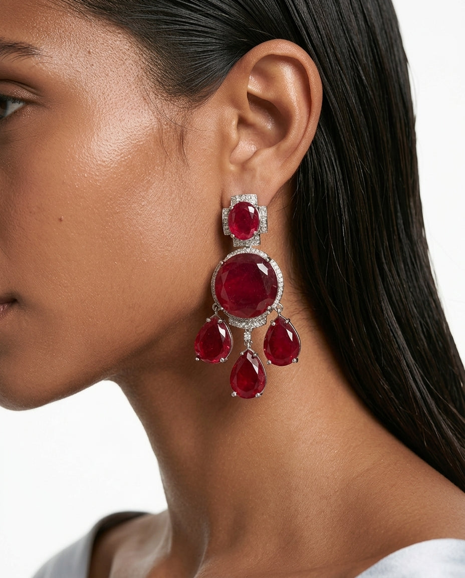2 Layered Boulder Ruby Pavé Diamond-Like Zircon Necklace Set — worn on model — Prerto