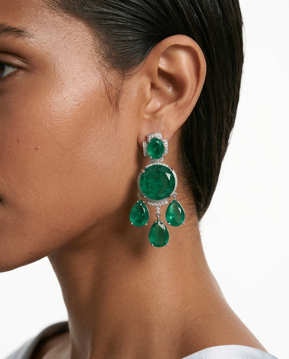 2 Layered Boulder Emerald Pavé Diamond-Like Zircon Necklace Set — worn on model — Prerto