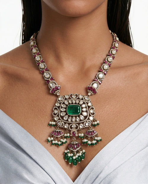 Myra Emerald Ruby Moissanite Polki Kundan Pendant Necklace Set by Prerto