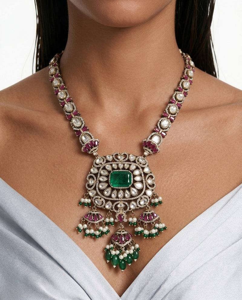 Myra Emerald Ruby Moissanite Polki Kundan Pendant Necklace Set by Prerto
