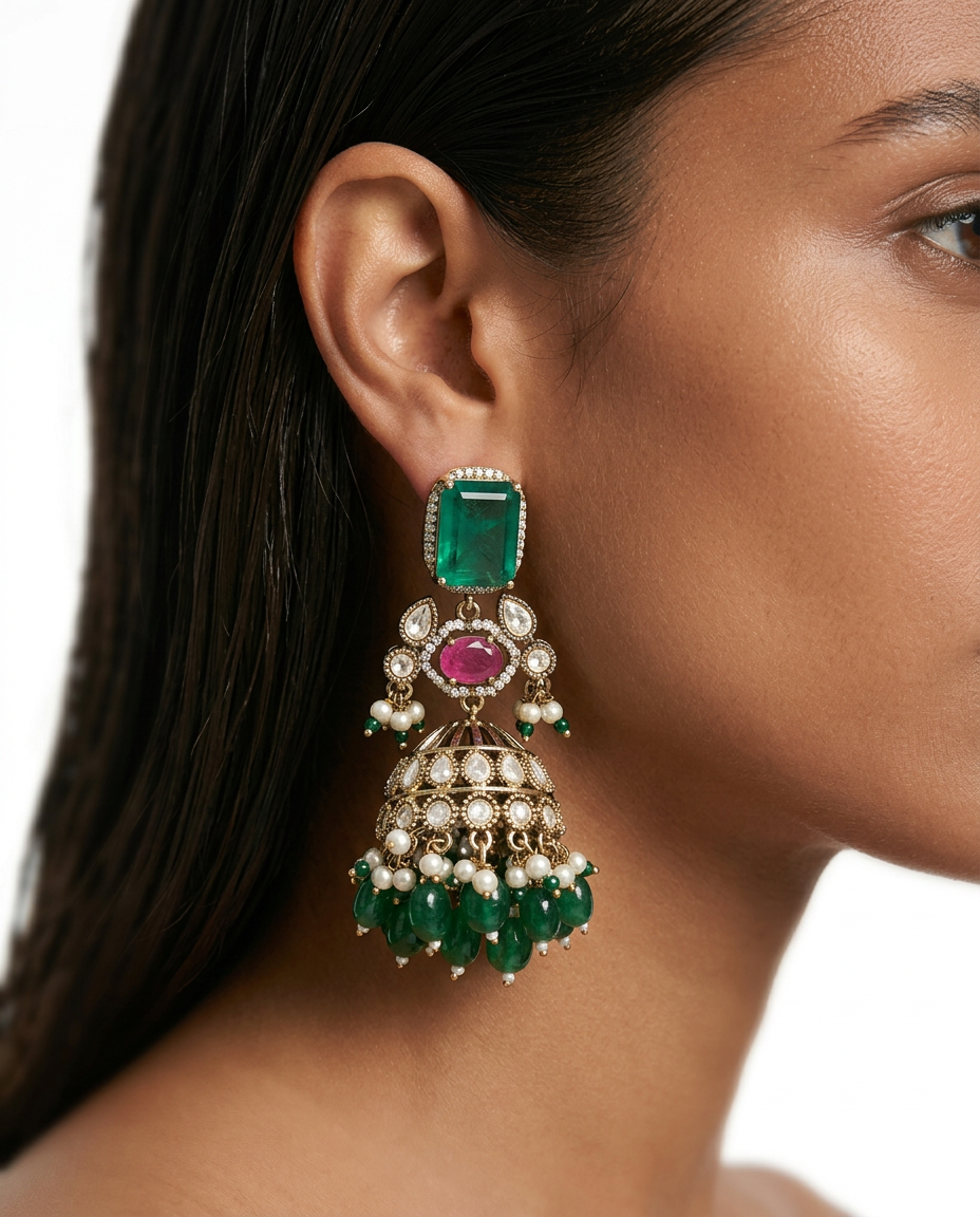 Maharani Layla Moissanite Polki Kundan with Zircon Diamond Detailing Statement Luxe Necklace Set (Necklace & Earrings)