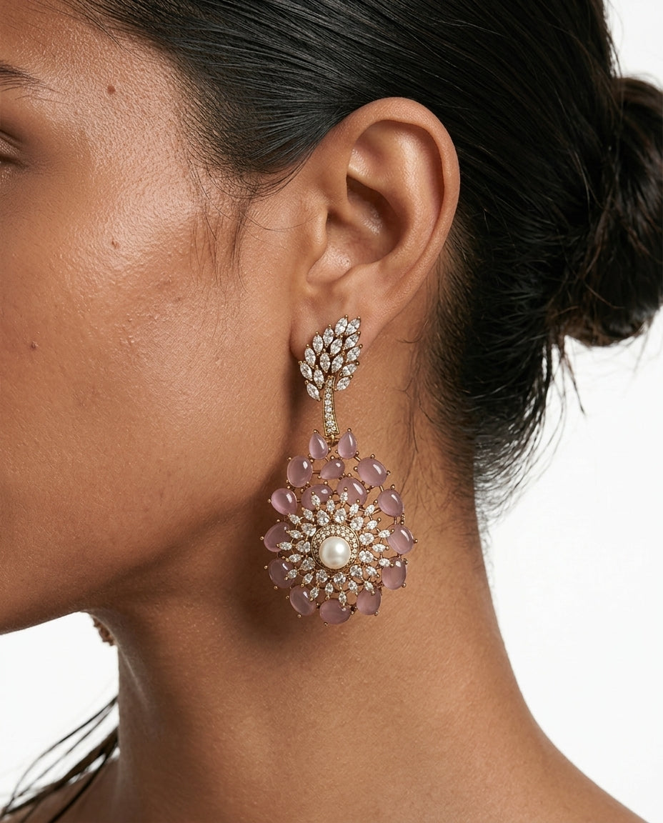 Asiyah Pink Pearl Moissanite Polki Kundan Statement Luxe Necklace Set — worn on model — Prerto