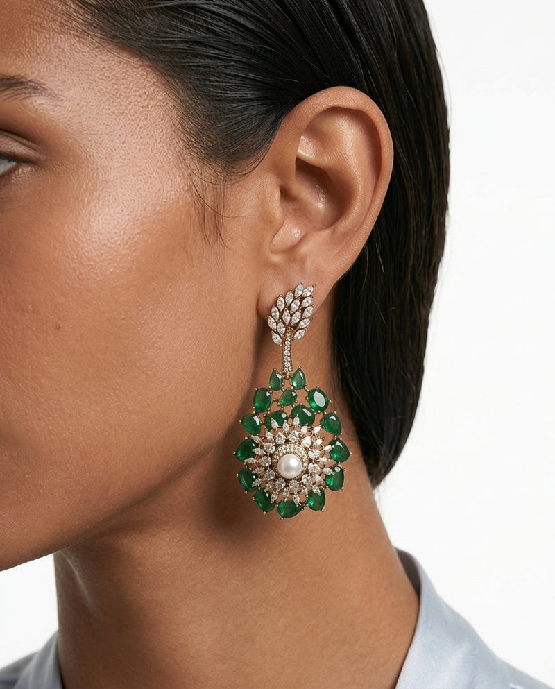 Asiyah Emerald Pearl Moissanite Polki Kundan Statement Luxe Necklace Set — worn on model — Prerto