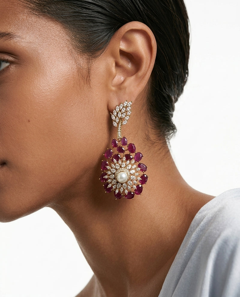 Asiyah Ruby Pearl Moissanite Polki Kundan Statement Luxe Necklace Set — worn on model — Prerto