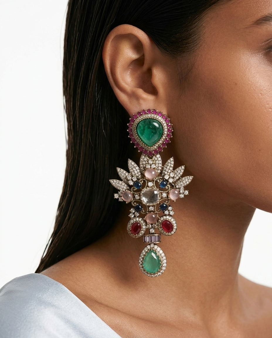 Taira Teal Multi-Colour Moissanite Polki Kundan Statement Earrings — worn on model — Prerto