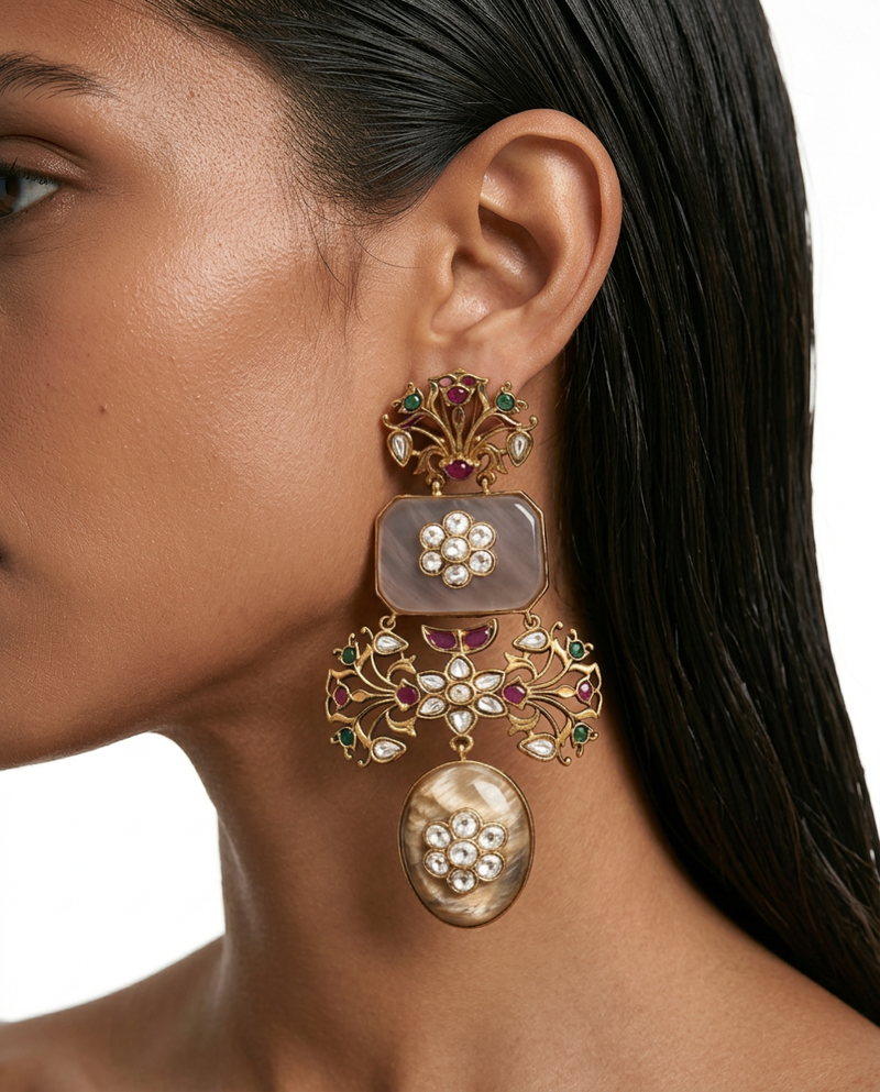 Madiha Pink Peach Moissanite Polki Kundan Drop Earrings by Prerto