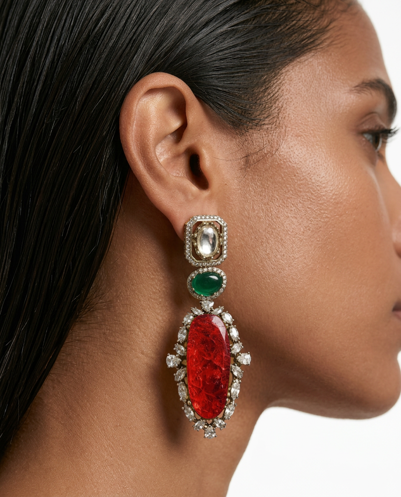 Wajiha Emeralds Rubies Moissanite Polki Kundan Statement Earrings by Prerto