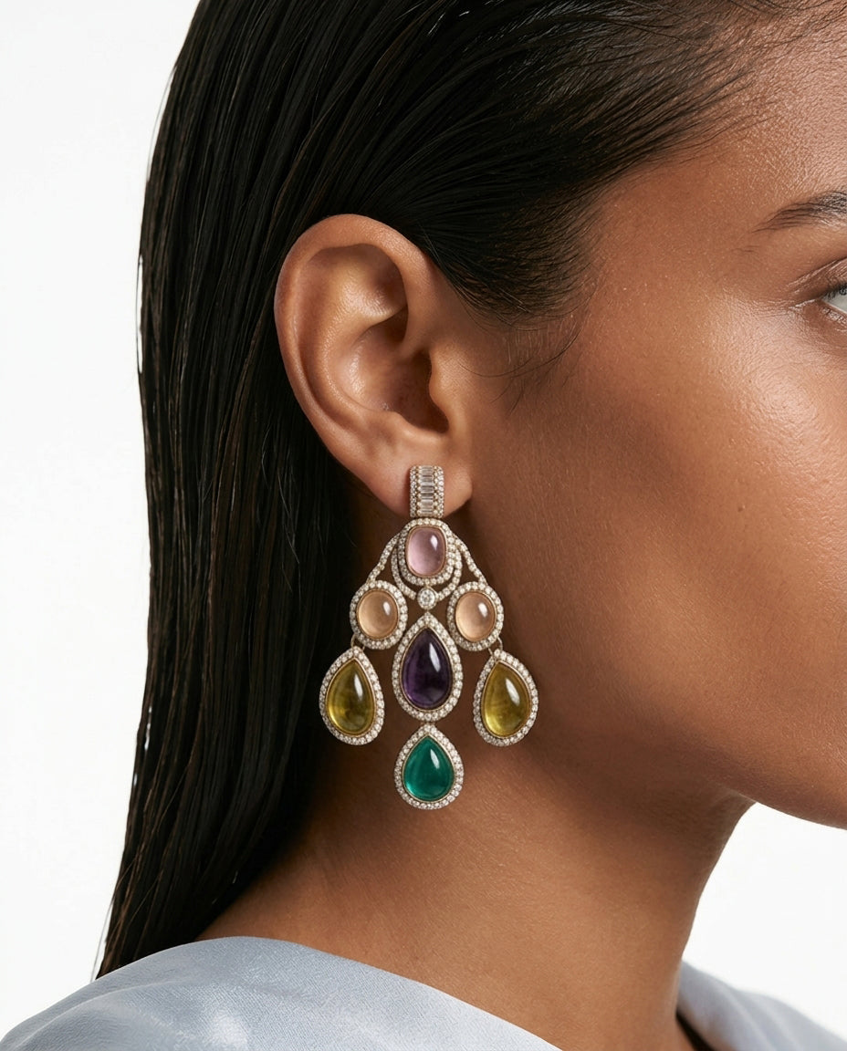Rida Multi-Colour Moissanite Polki Kundan Statement Earrings — worn on model — Prerto