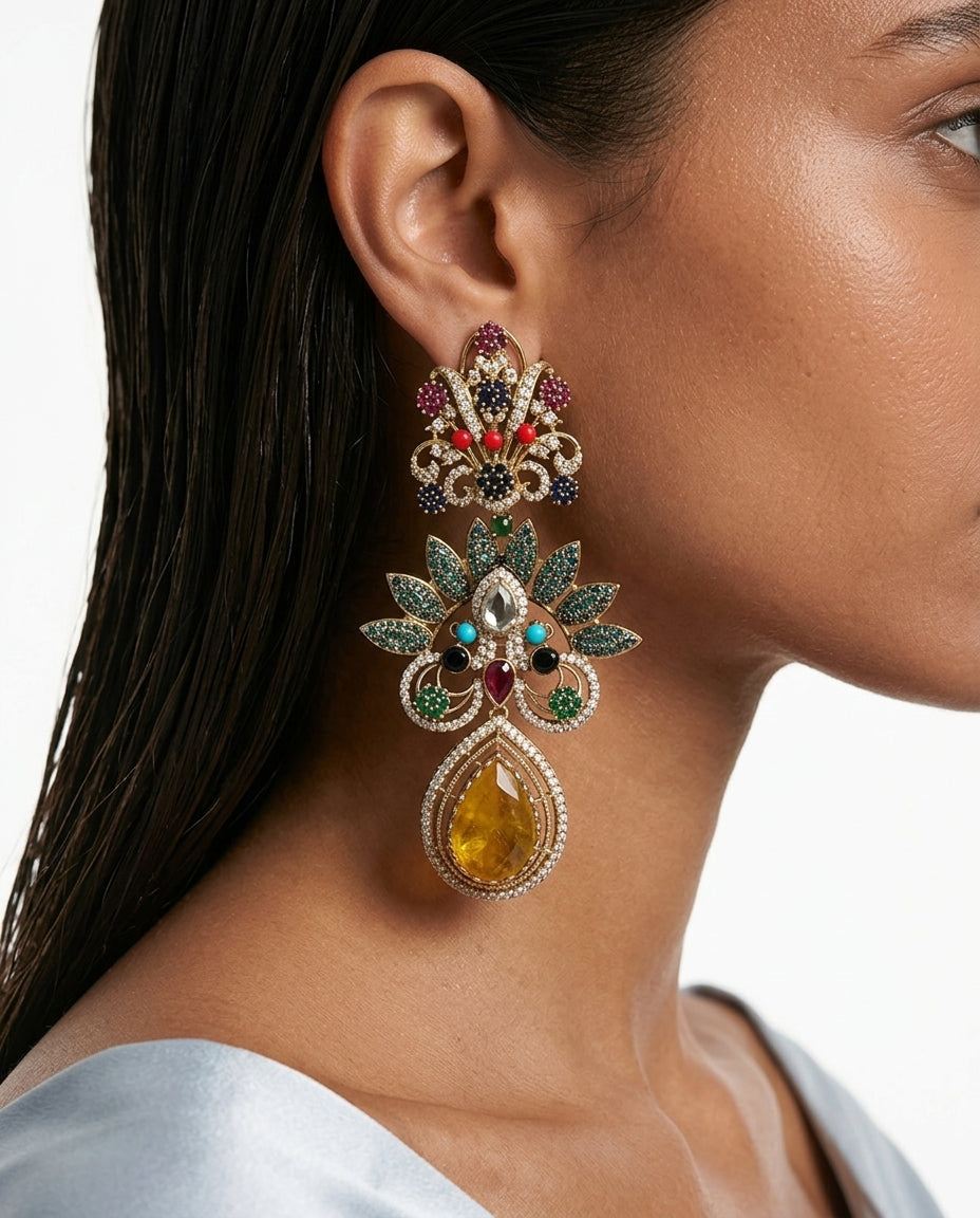 Laira Multi-Colour Citrine Moissanite Polki Kundan Drop Earrings by Prerto