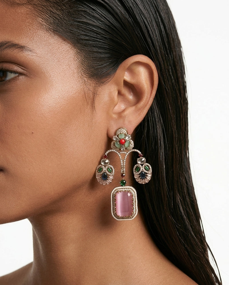 Khaira Multi-Colour Pink Moissanite Polki Kundan Drop Earrings by Prerto