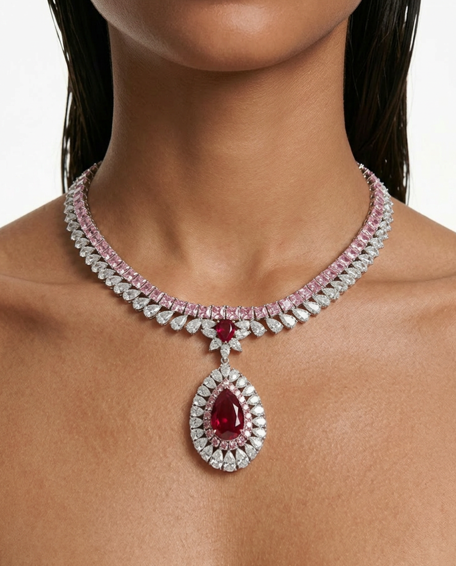 Ishani Pink Diamond Ruby Zircon Pendant Necklace Set — front view — Prerto