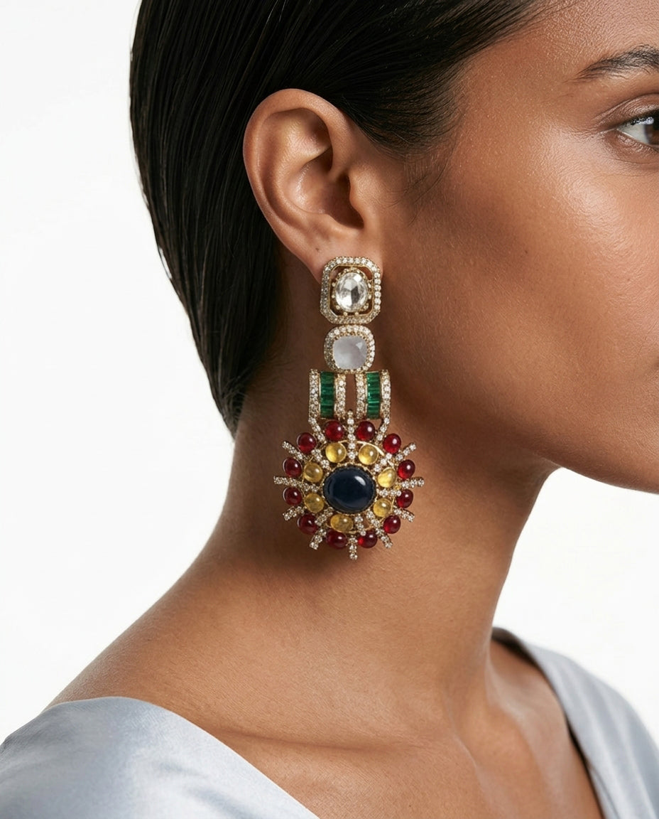 Maira Multi-Colour Moissanite Polki Kundan Statement Earrings by Prerto