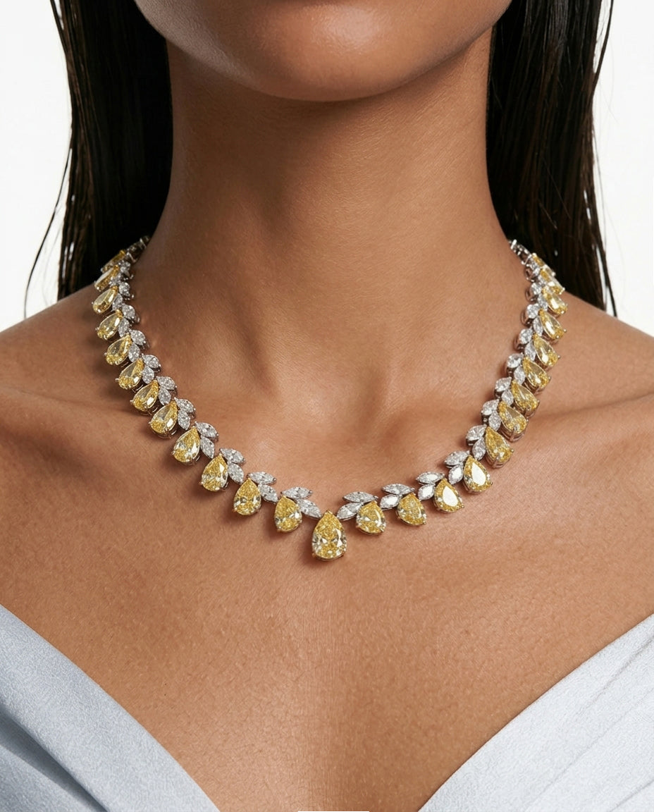 Vaanya Citrine Drops & Diamond-Like Zircon Single Line Statement Necklace & Jahnavi Citrine and Diamond-Like Zircon Compressed Setting Statement Necklace (Maharani Set)