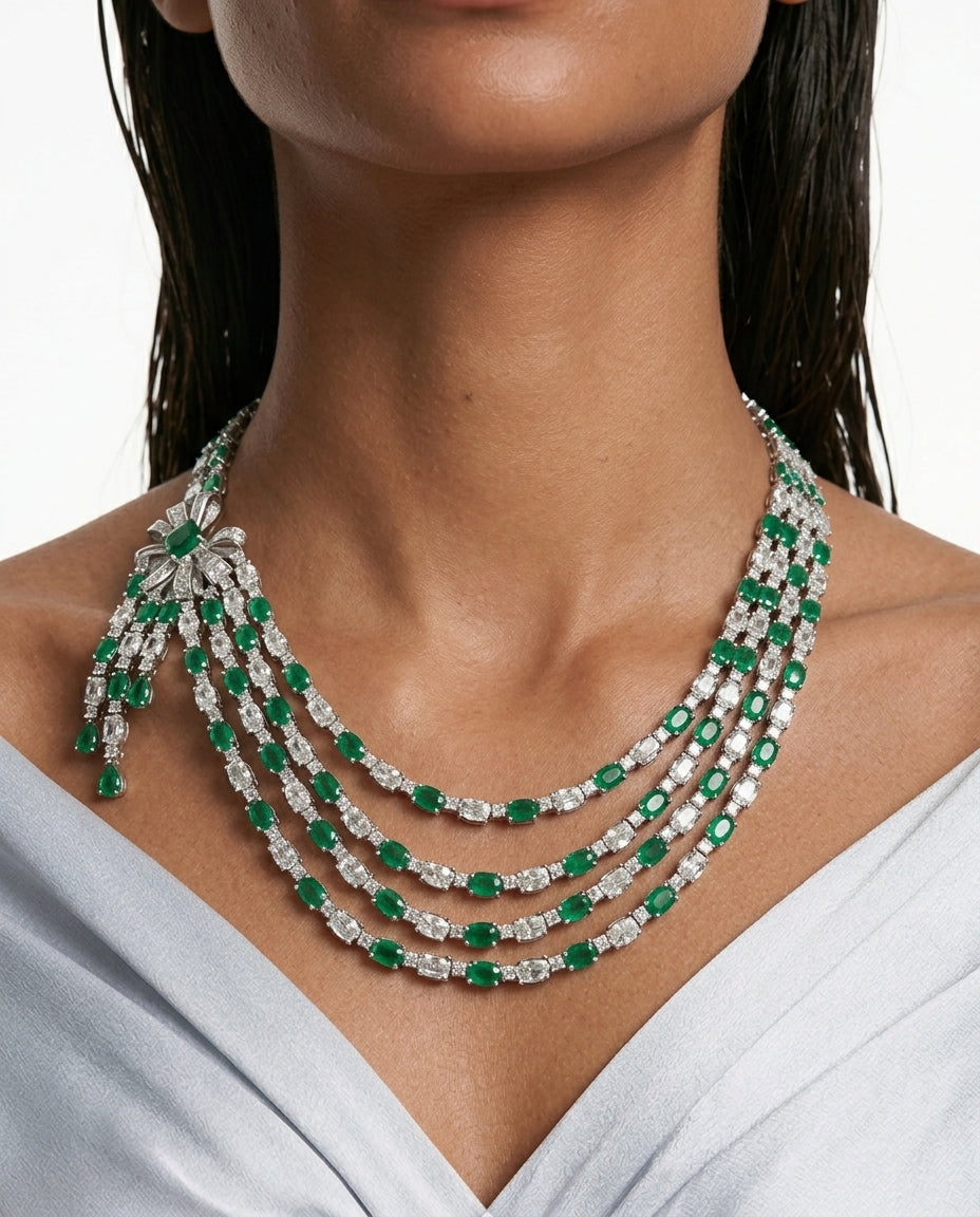 Prisha Emerald Zircon Bow Multi Layered Necklace Set by Prerto