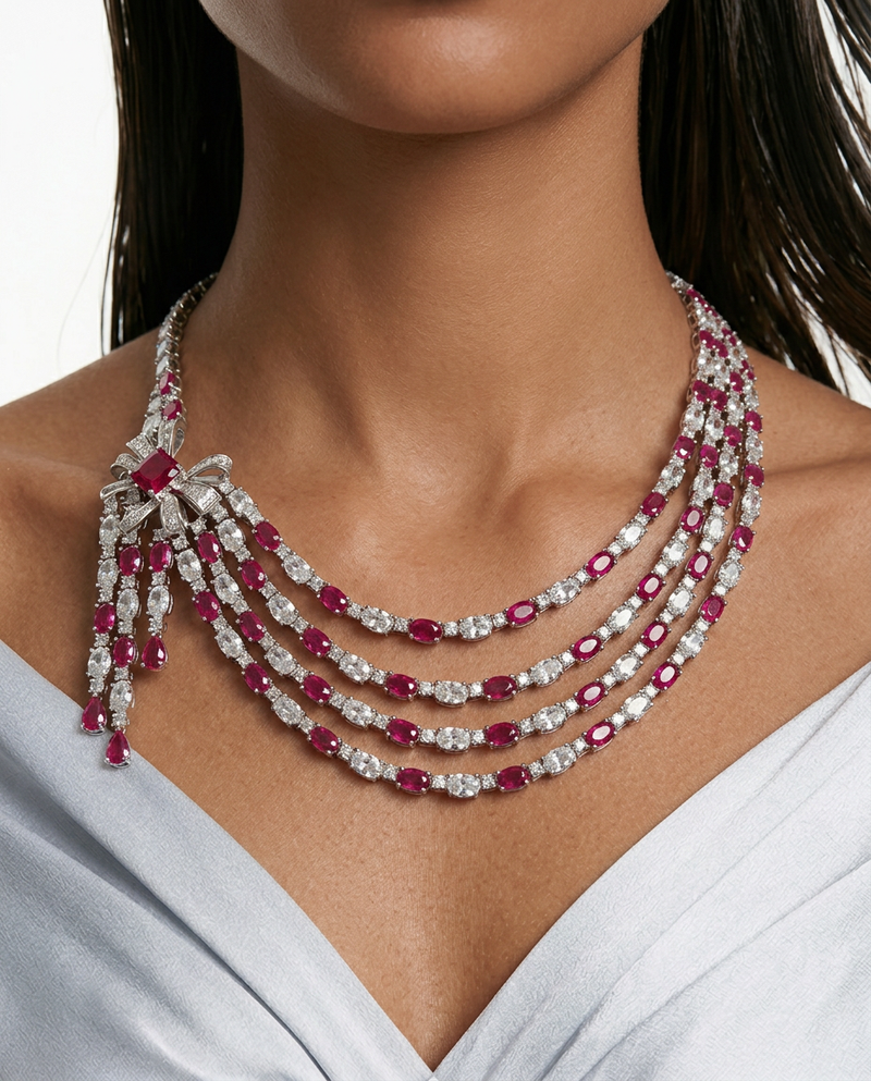 Prisha Ruby Zircon Bow Multi Layered Necklace Set by Prerto