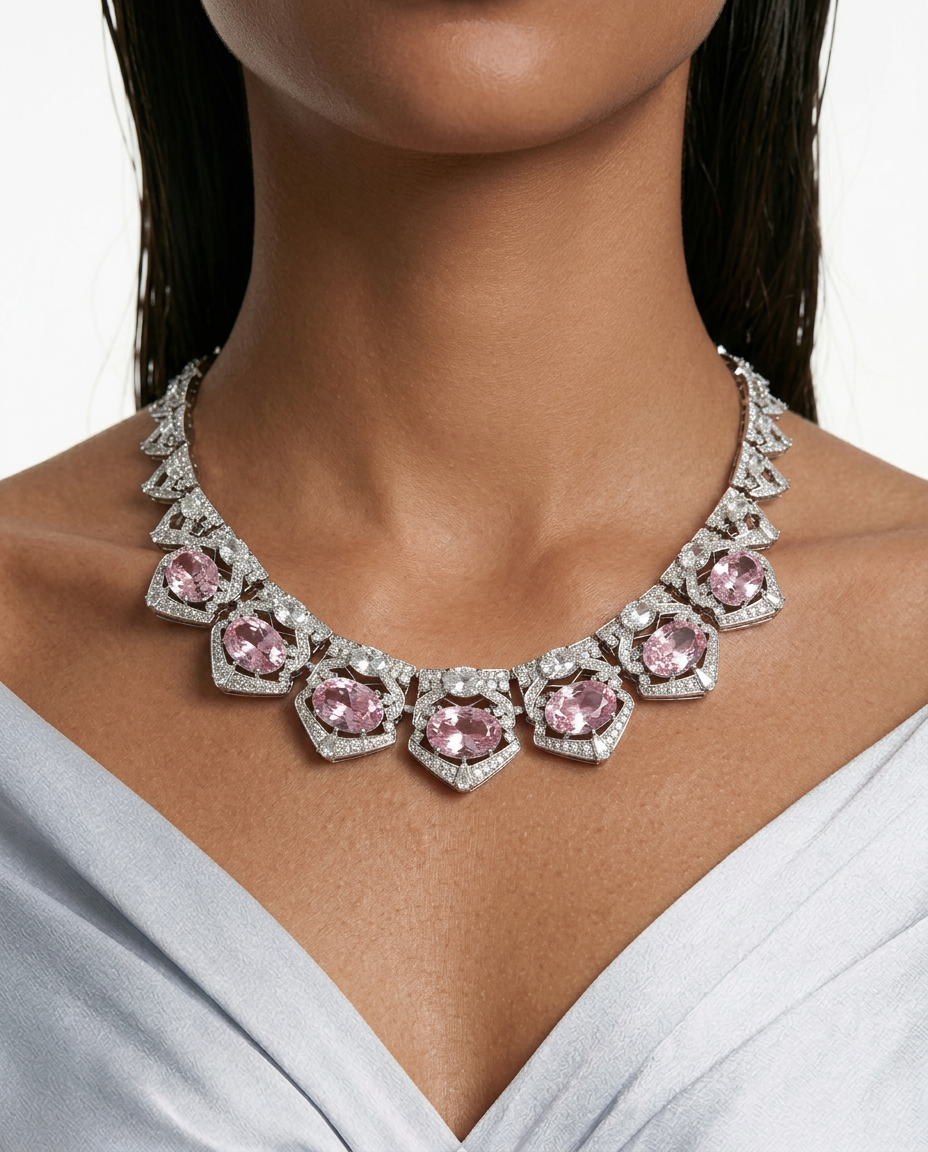 Aarohi Pink Diamond Zircon Enamel Necklace Set by Prerto