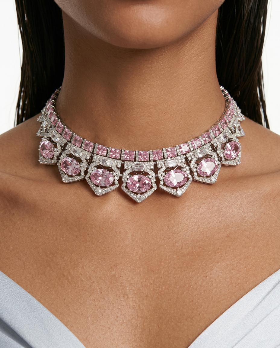 Maharani Aarohi Pink Diamond Enamel Necklace Set by Prerto