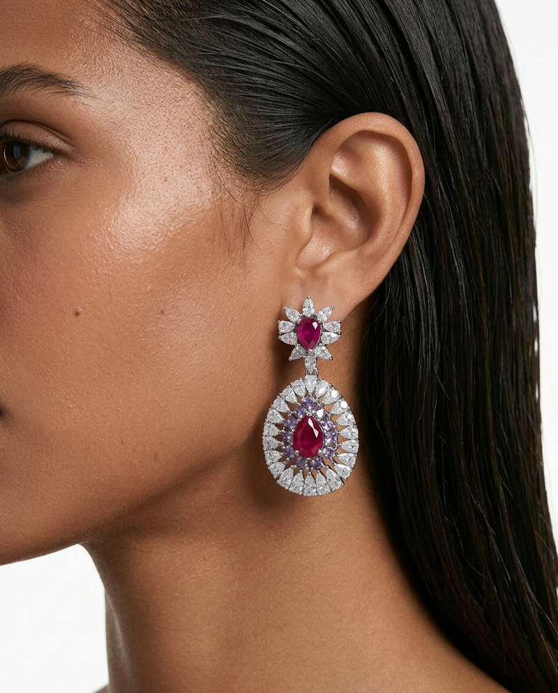 Ishani Purple Diamond, Ruby & Zircon Diamond Pendant Necklace Set (Necklace & Earrings)
