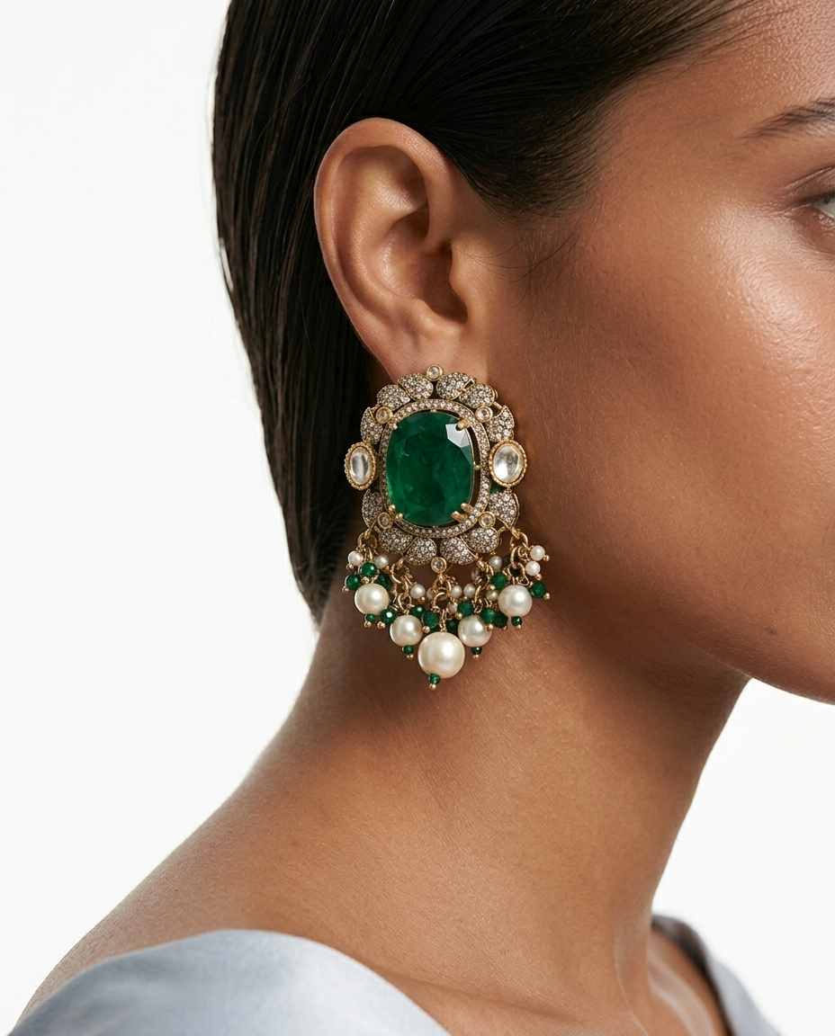 Jawaria Emerald, Pearls & Moissanite Polki Kundan with Zircon Diamond Detailing Statement Luxe Necklace Set (Necklace & Earrings)