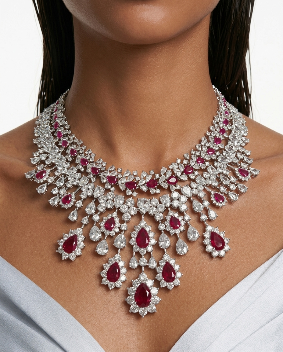 Maharani Hijl Ruby & Diamond Like Drops Necklace Set & Eden Floral Ruby & Diamond-Like Zircon Statement Necklace Set (2 Necklace & 2 Earrings)