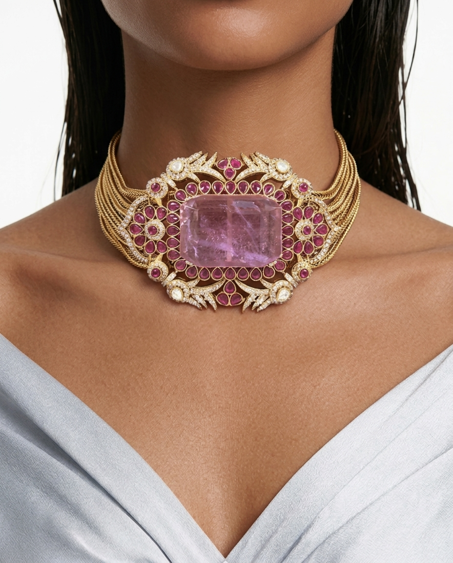 Rukhsaar Purple with Ruby Moissanite Polki Kundan Choker Necklace Set – Necklace & Earrings