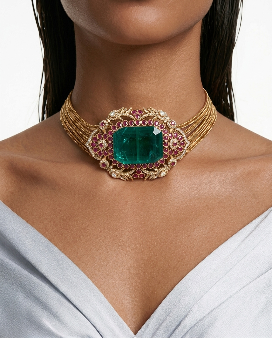 Rukhsaar Emerald with Ruby Moissanite Polki Kundan Choker Necklace Set – Necklace & Earrings